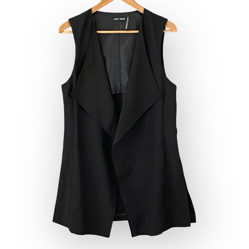 Womens Black Minimalist Open Front Long Vest Sz L Lagenlook Artsy Chic Layering